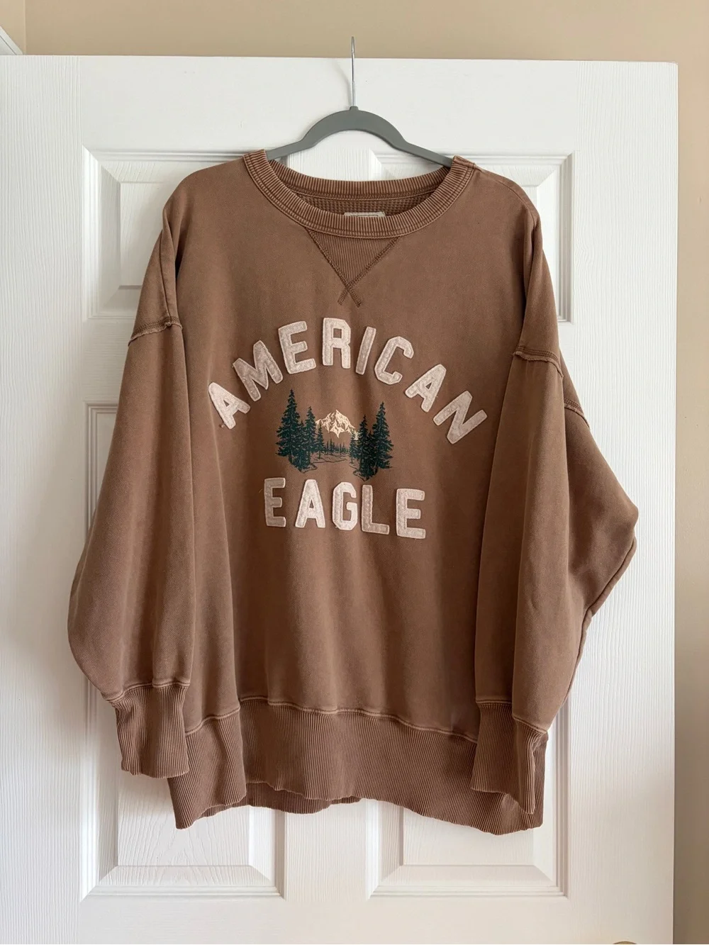 American Eagle Tan Waffle Knit Crewneck Sweatshirt with Green Logo